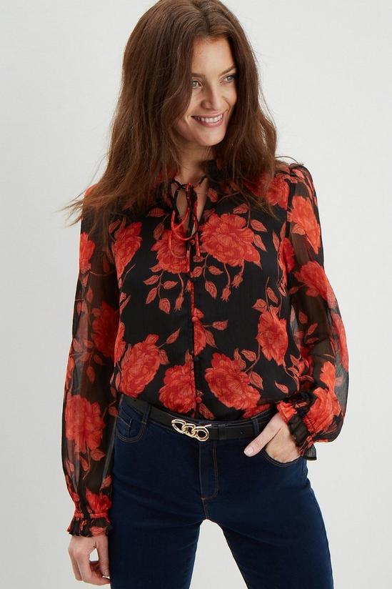 Dorothy Perkins Tall Red Floral Ruffle Tie Neck Top 1