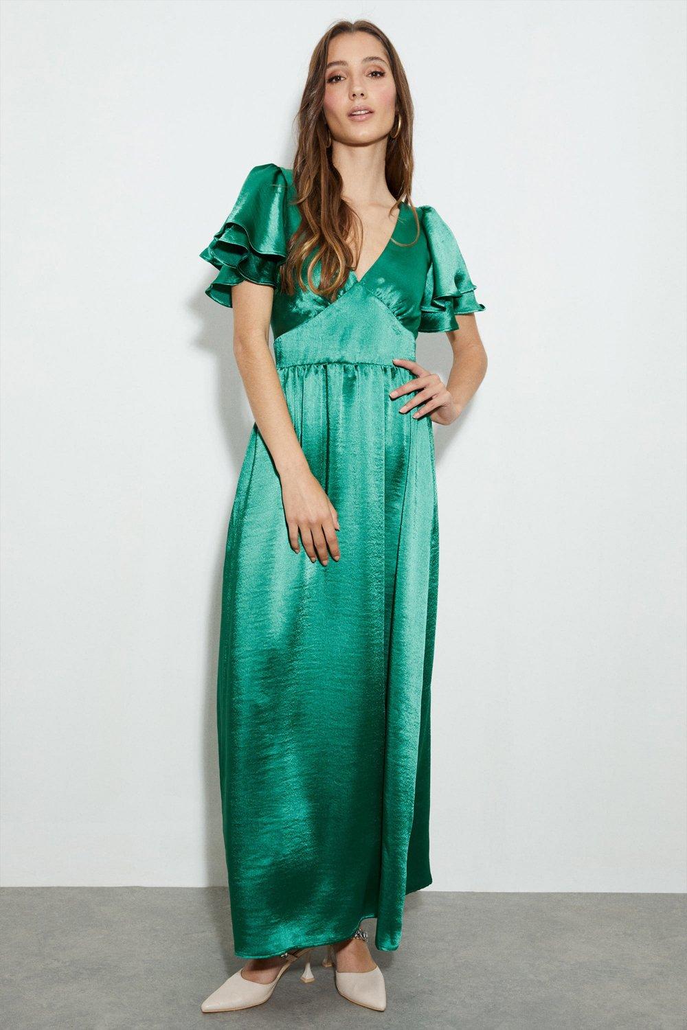 Women’s Satin Frill Sleeve Maxi Dress - bright green - 14