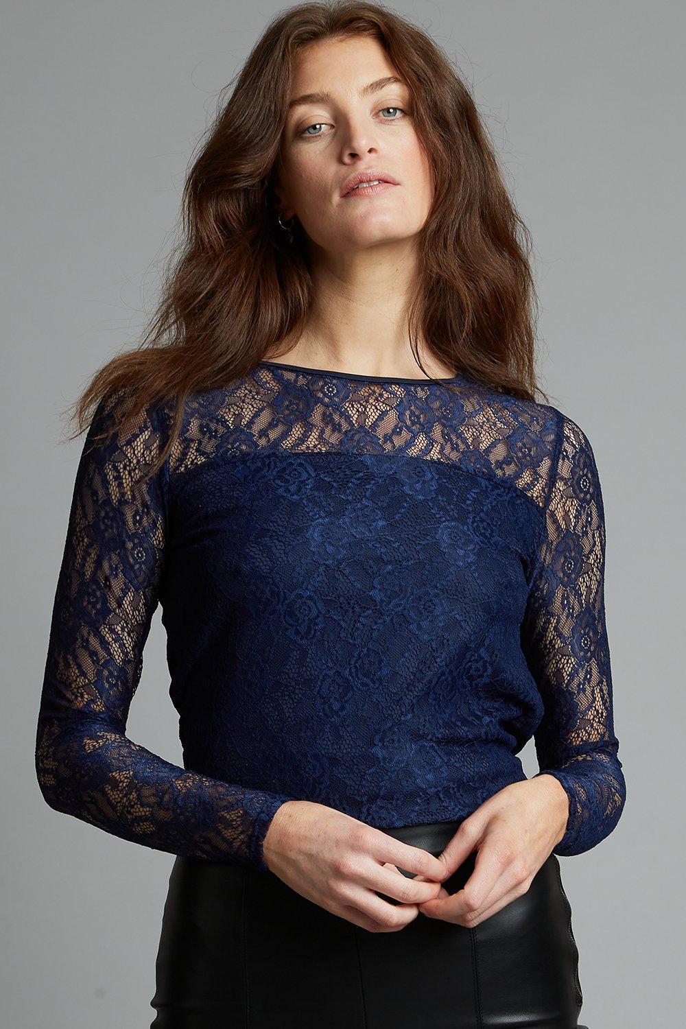 Navy blue lace shop top long sleeve