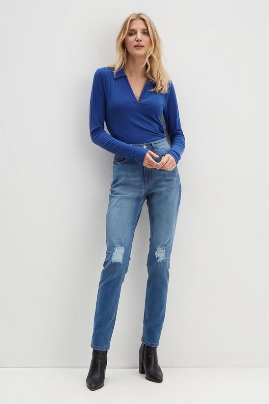 Dorothy Perkins Tall Cobalt Ribbed Long Sleeve Collared Top 2