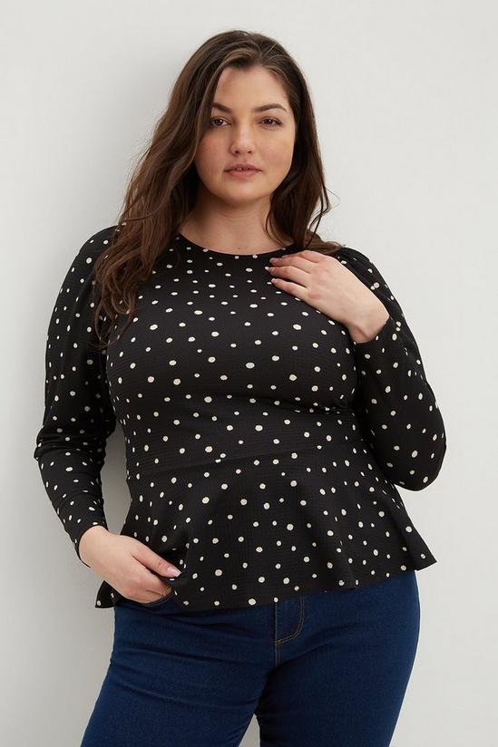 Dorothy Perkins Curve Mono Spot Long Ruched Sleeve Top 1
