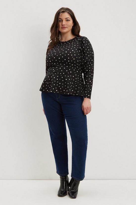 Dorothy Perkins Curve Mono Spot Long Ruched Sleeve Top 2