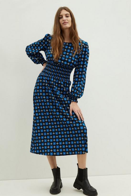 Dorothy Perkins Blue Floral Textured Shirred Waist Midi Dress 1