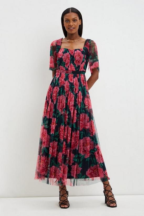 Dorothy Perkins Rose Print Pleated Sweetheart Midi Dress 1