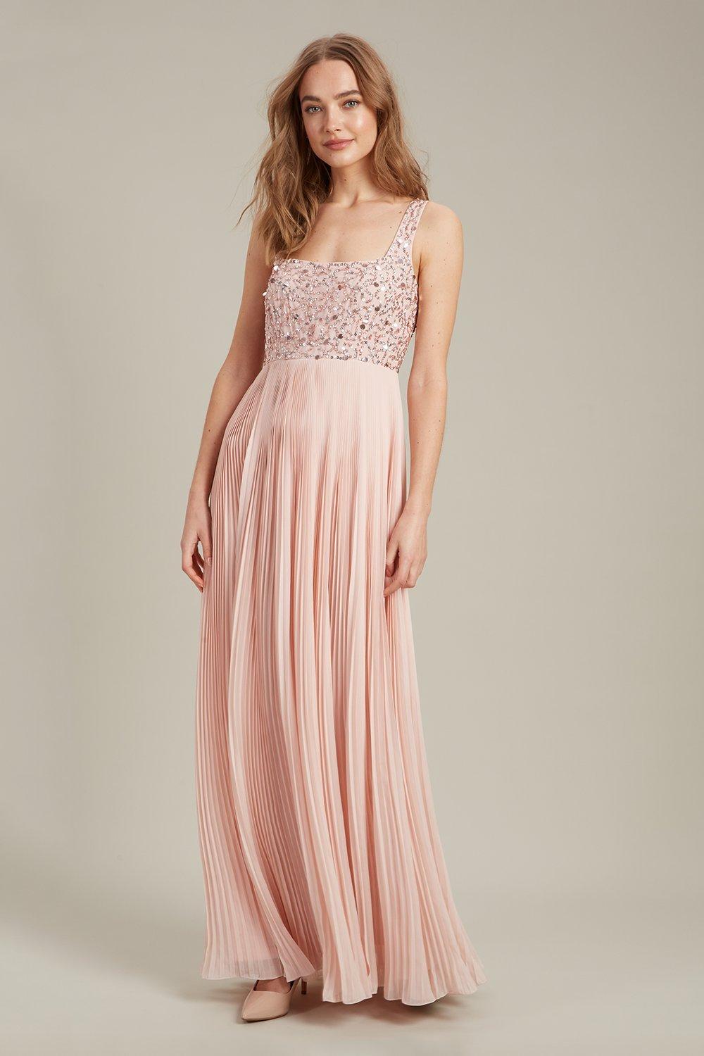 Women’s Square Neck Embellished Pleated Maxi Dress - peach - 16