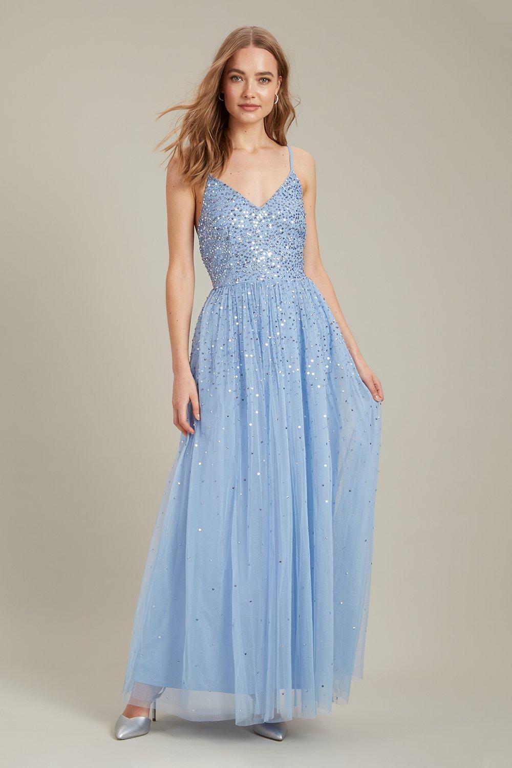 Women’s Embellished Strappy Tulle Maxi Dress - blue - 14