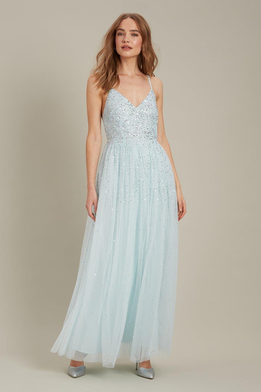 Women's Embellished Strappy Tulle Maxi Dress - mint - 8