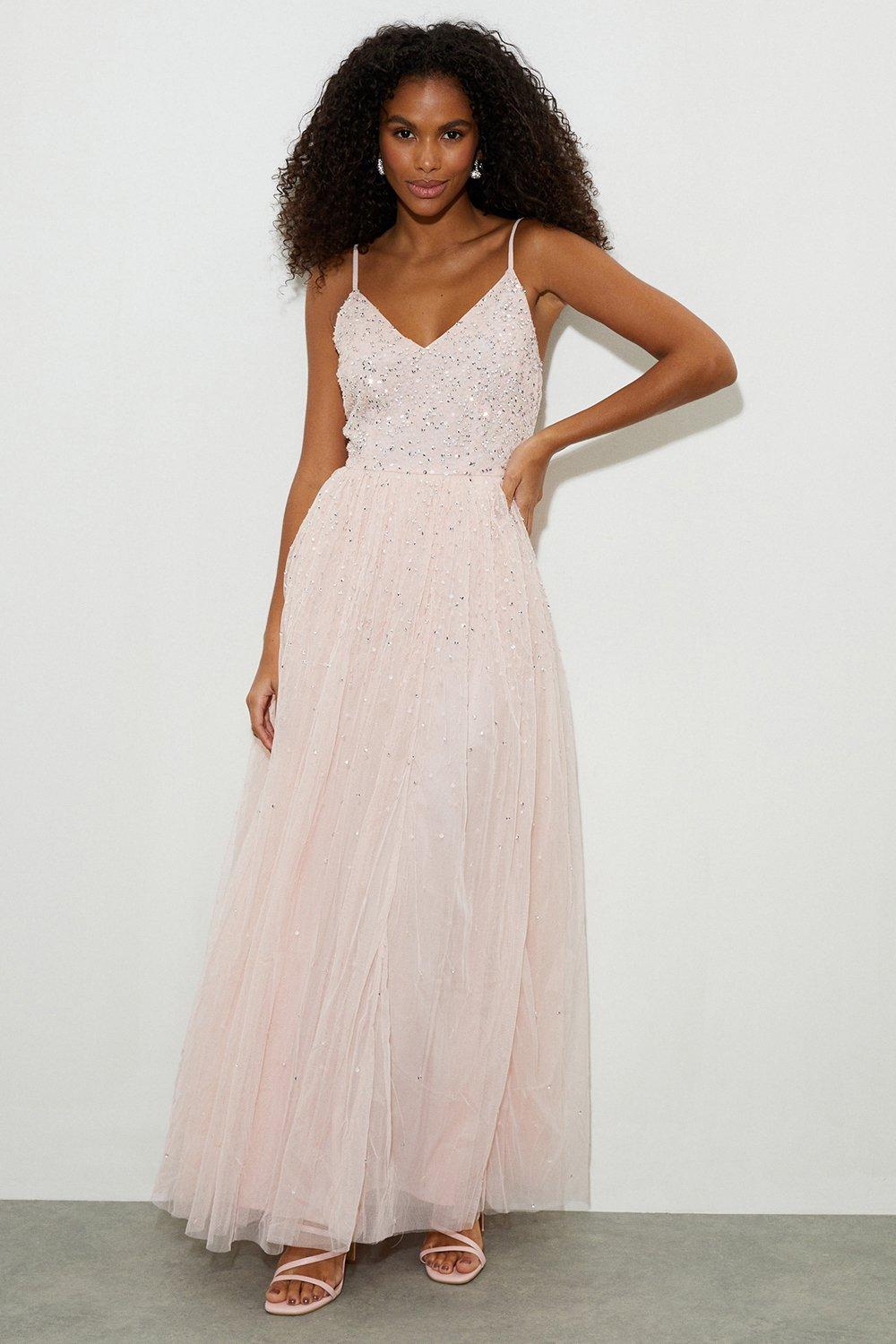Women’s Embellished Strappy Tulle Maxi Dress - peach - 10