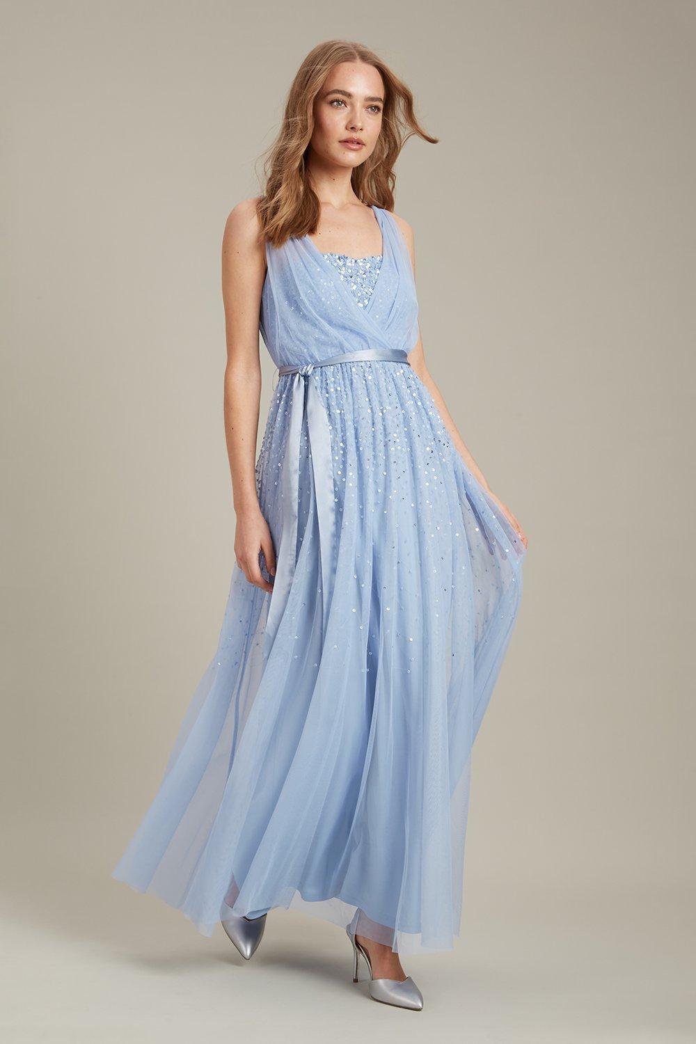 Women’s Embellished Tulle Wrap Dress - pale blue - 12