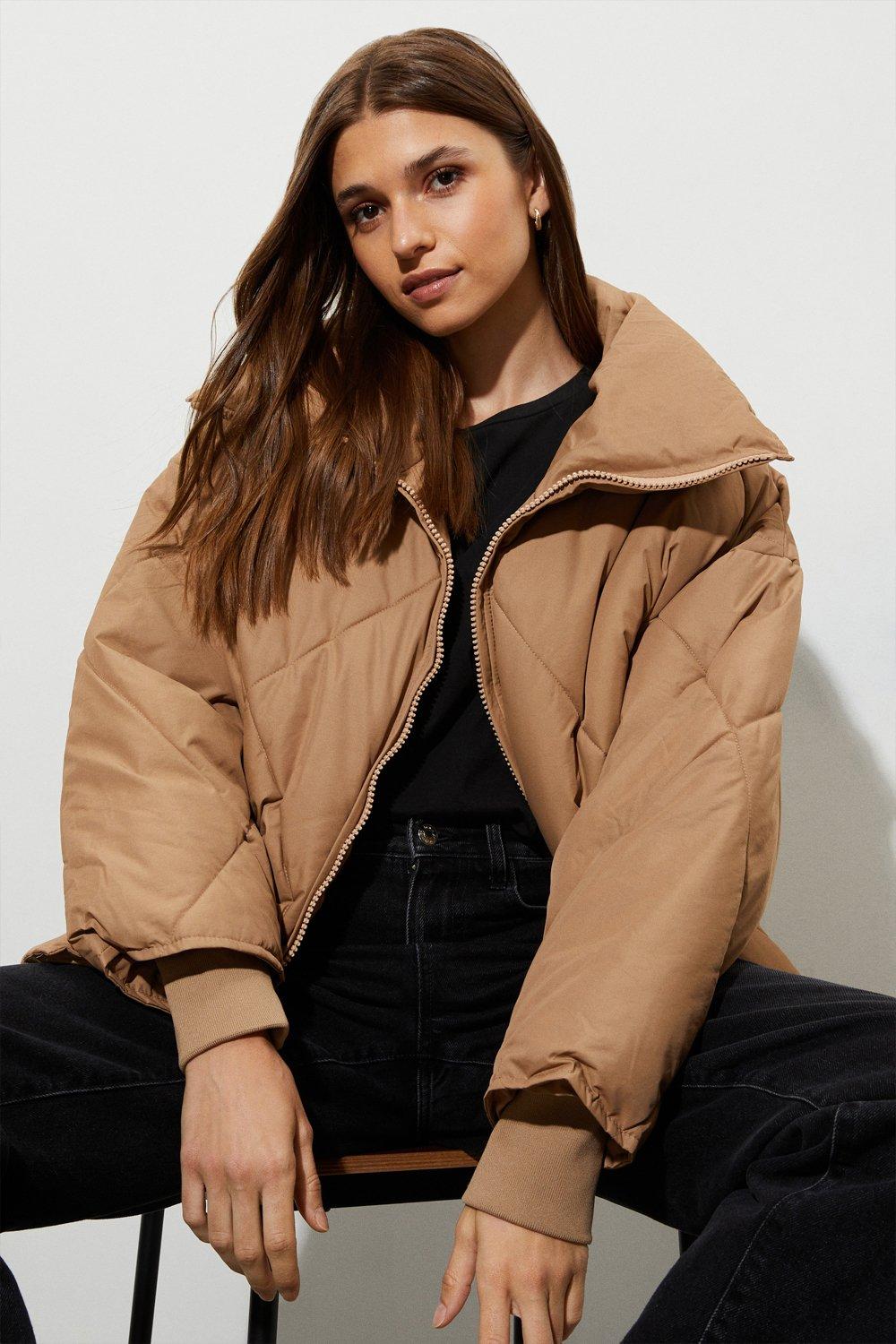 Women’s Oversized Short Quilted Padded Coat - camel - S/M