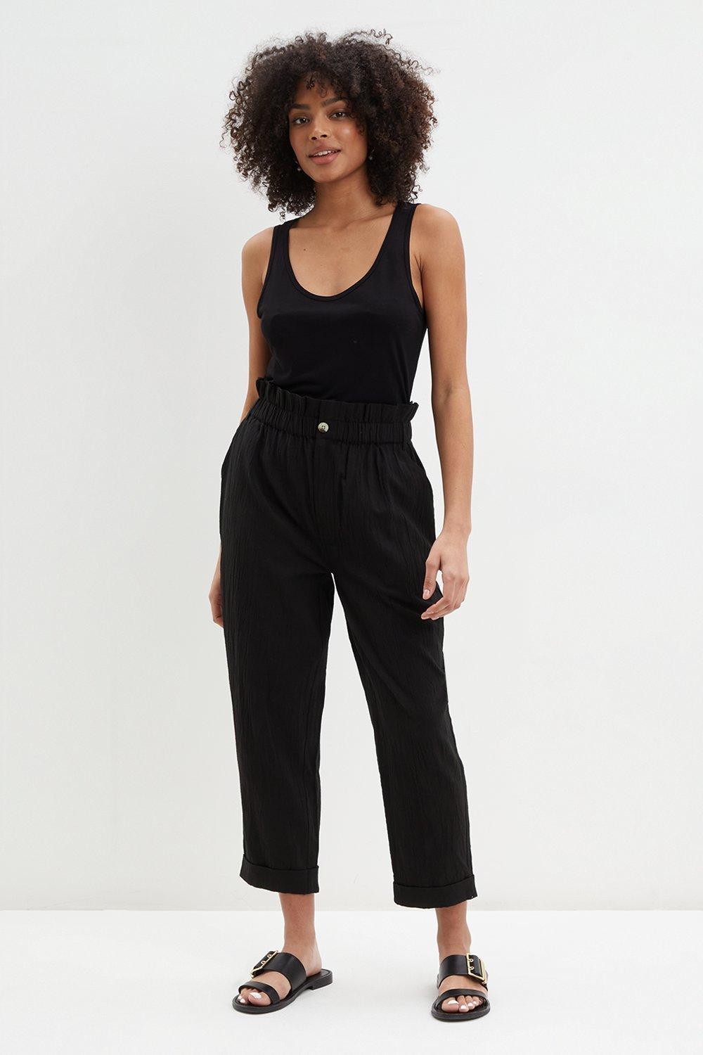 Women's Paperbag Tapered Linen Look Trousers - black - 10