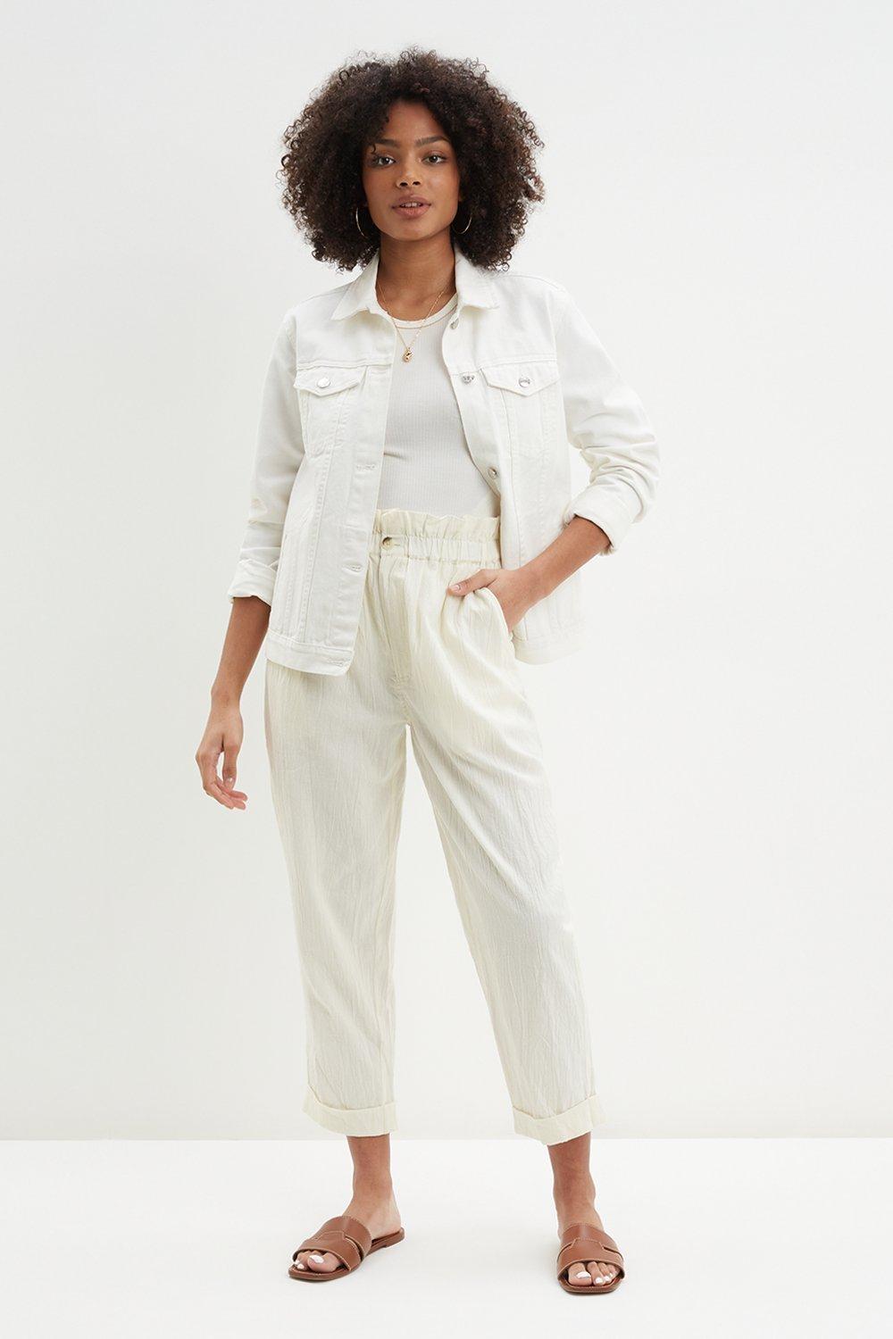 Women's Paperbag Tapered Linen Look Trousers - ivory - 12