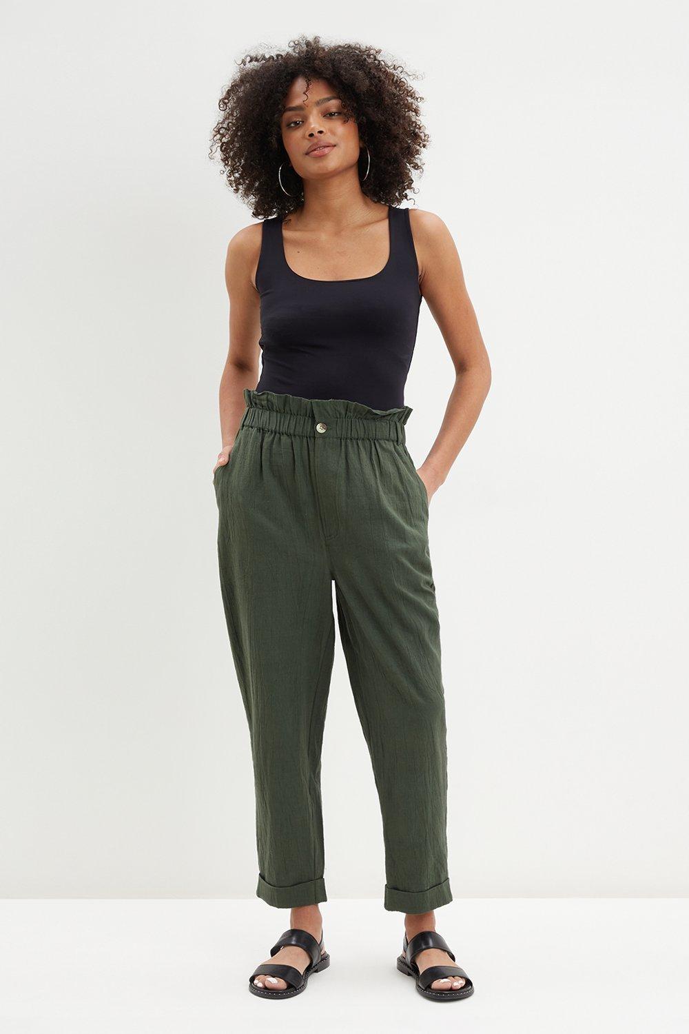 Women’s Paperbag Tapered Linen Look Trousers - khaki - 10