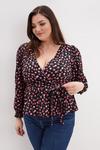 Dorothy Perkins Curve Red Floral Print Shirred Cuff Wrap Top thumbnail 1
