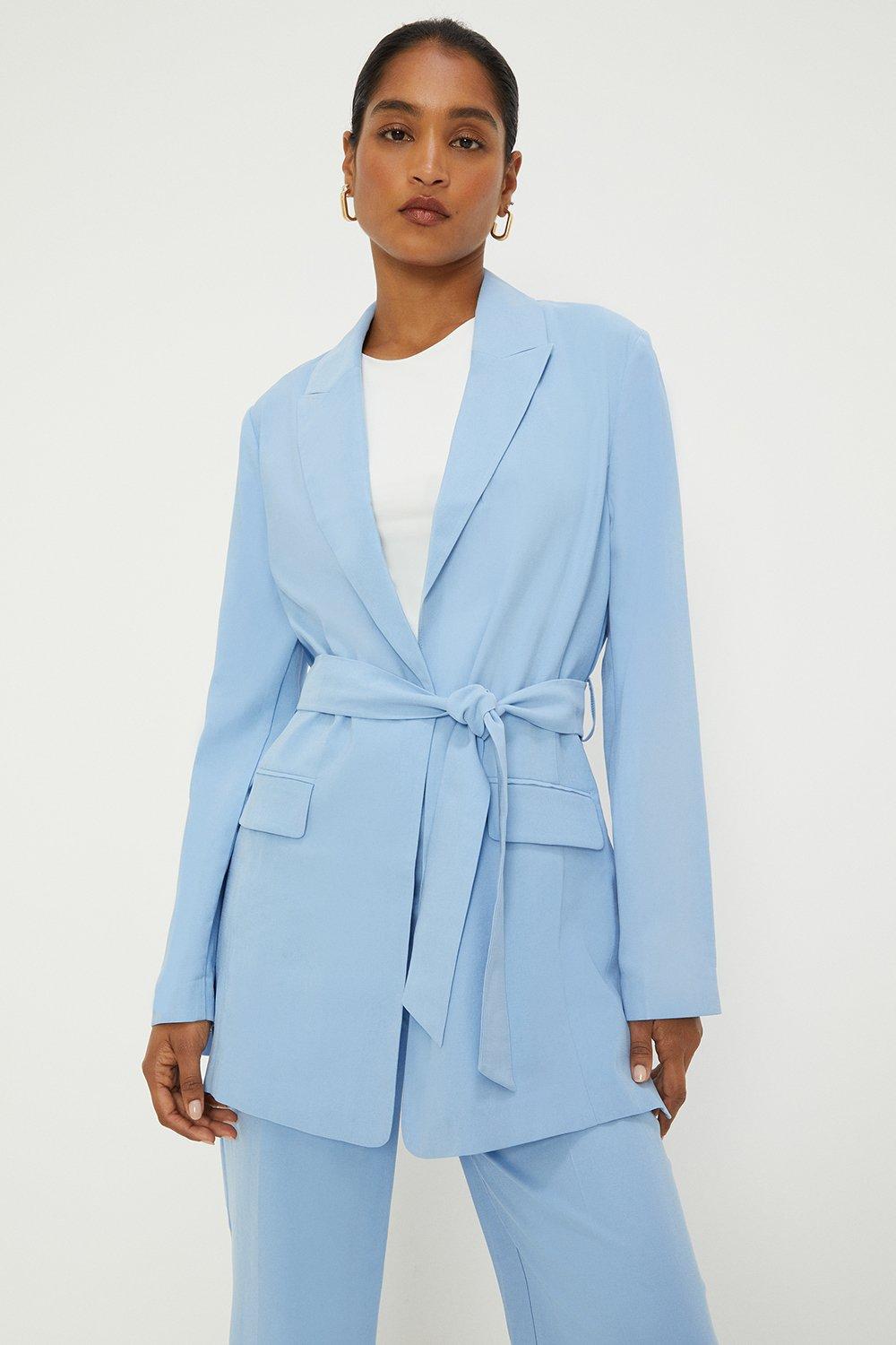 Women's Belted Blazer With Pocket - blue - 20