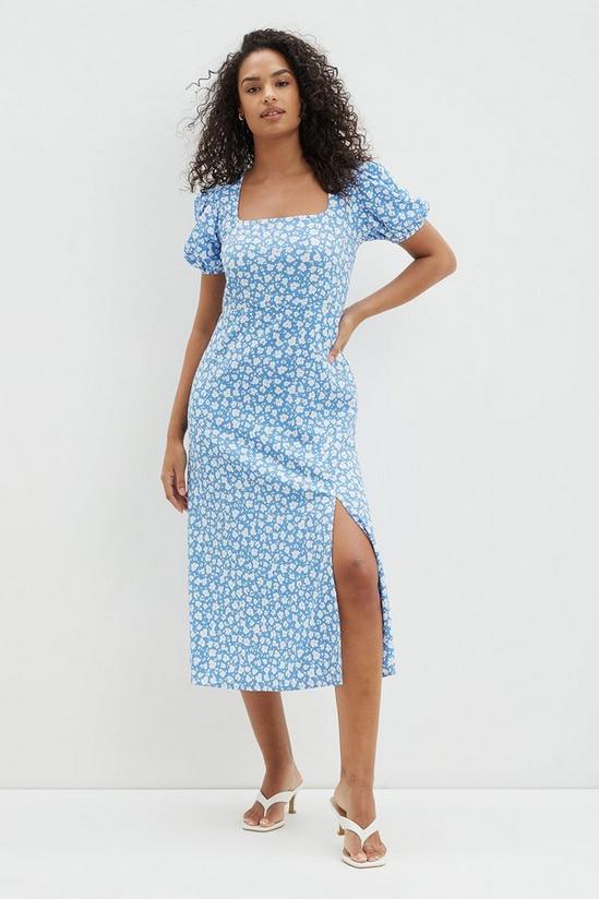 Dorothy Perkins Blue Floral Textured Tie Back Midi Dress 1