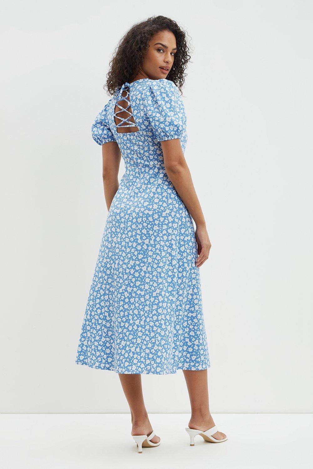 Dresses Blue Floral Textured Tie Back Midi Dress Dorothy Perkins