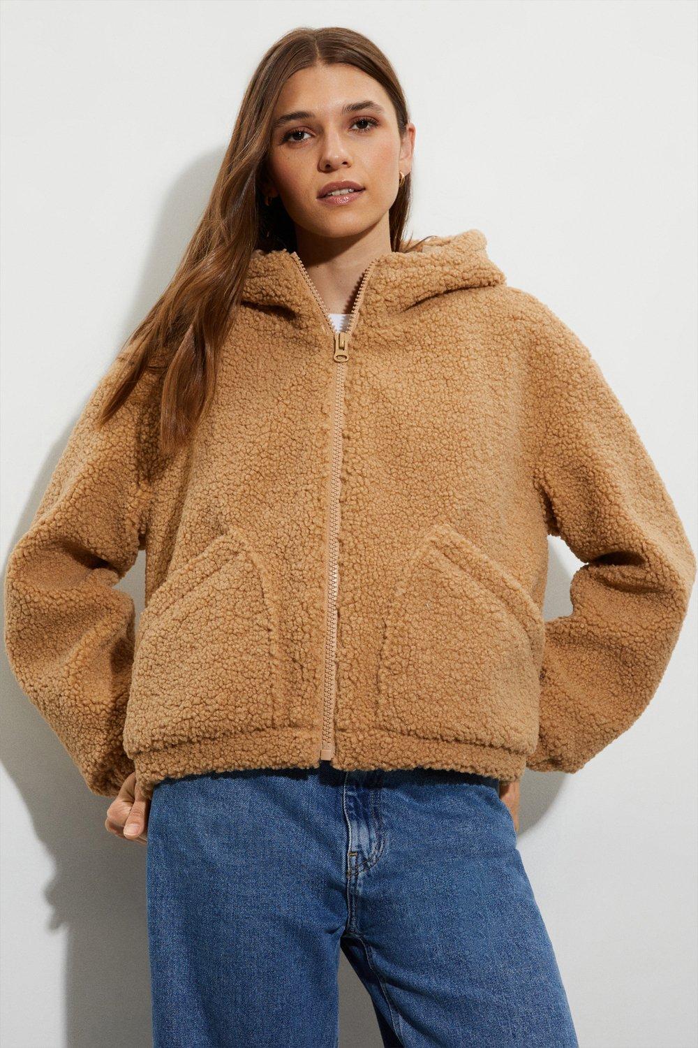 Women’s Short Hooded Teddy Coat - camel - S