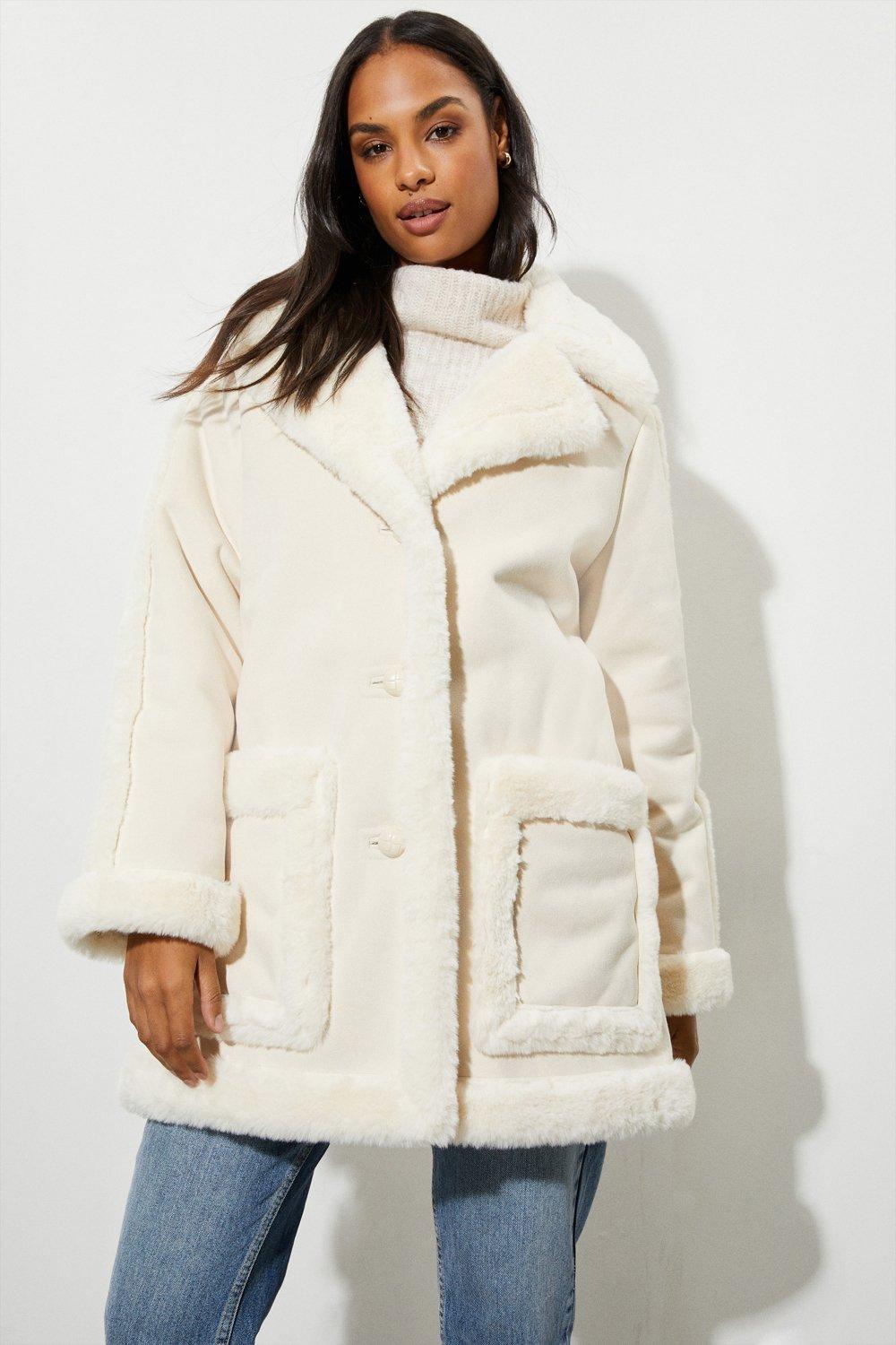Womens Luxe Faux Fur Suedette Coat