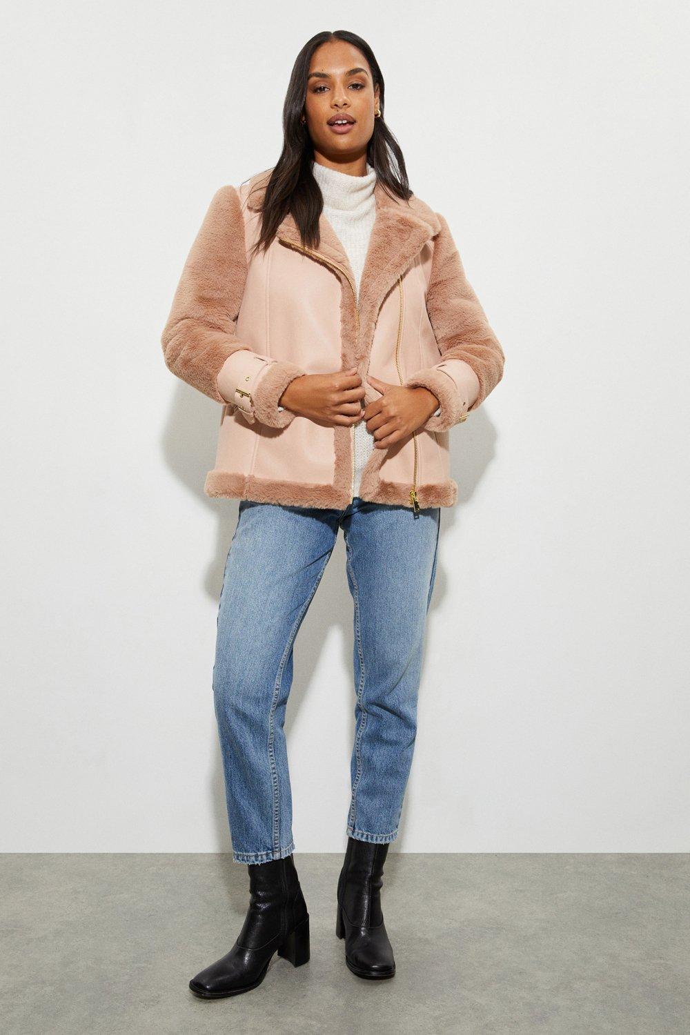 Topshop Petite Faux Leather Aviator Jacket with Light Pink Faux