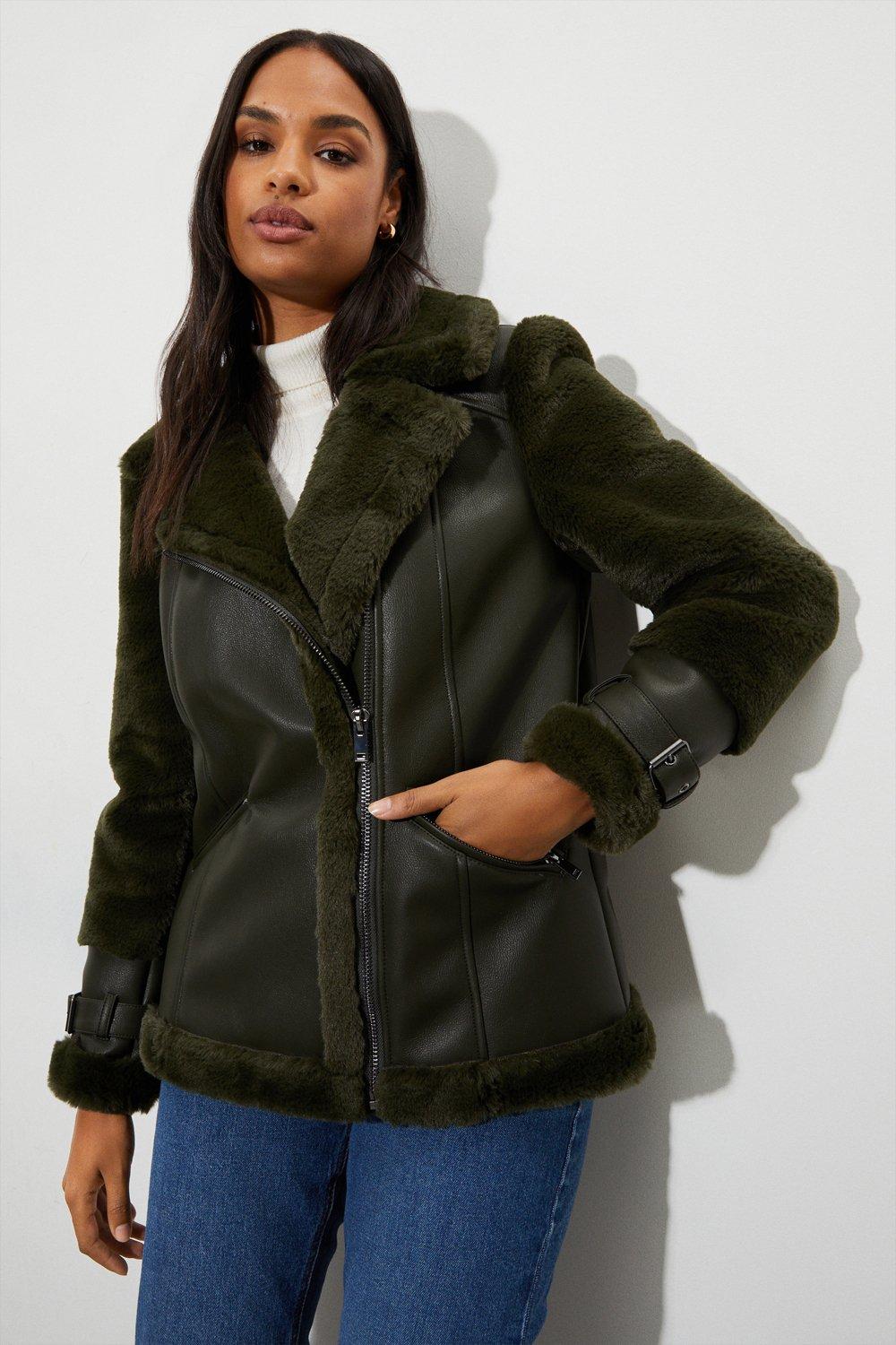 Topshop Tall Faux Fur Longline Aviator Coat In Olive-green