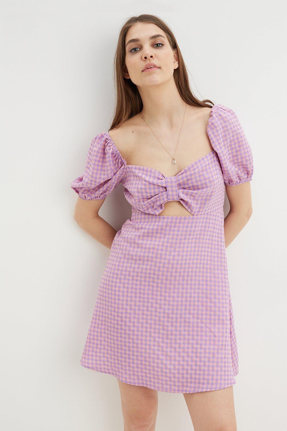 Womens Lilac Gingham Puff Sleeve Mini Dress