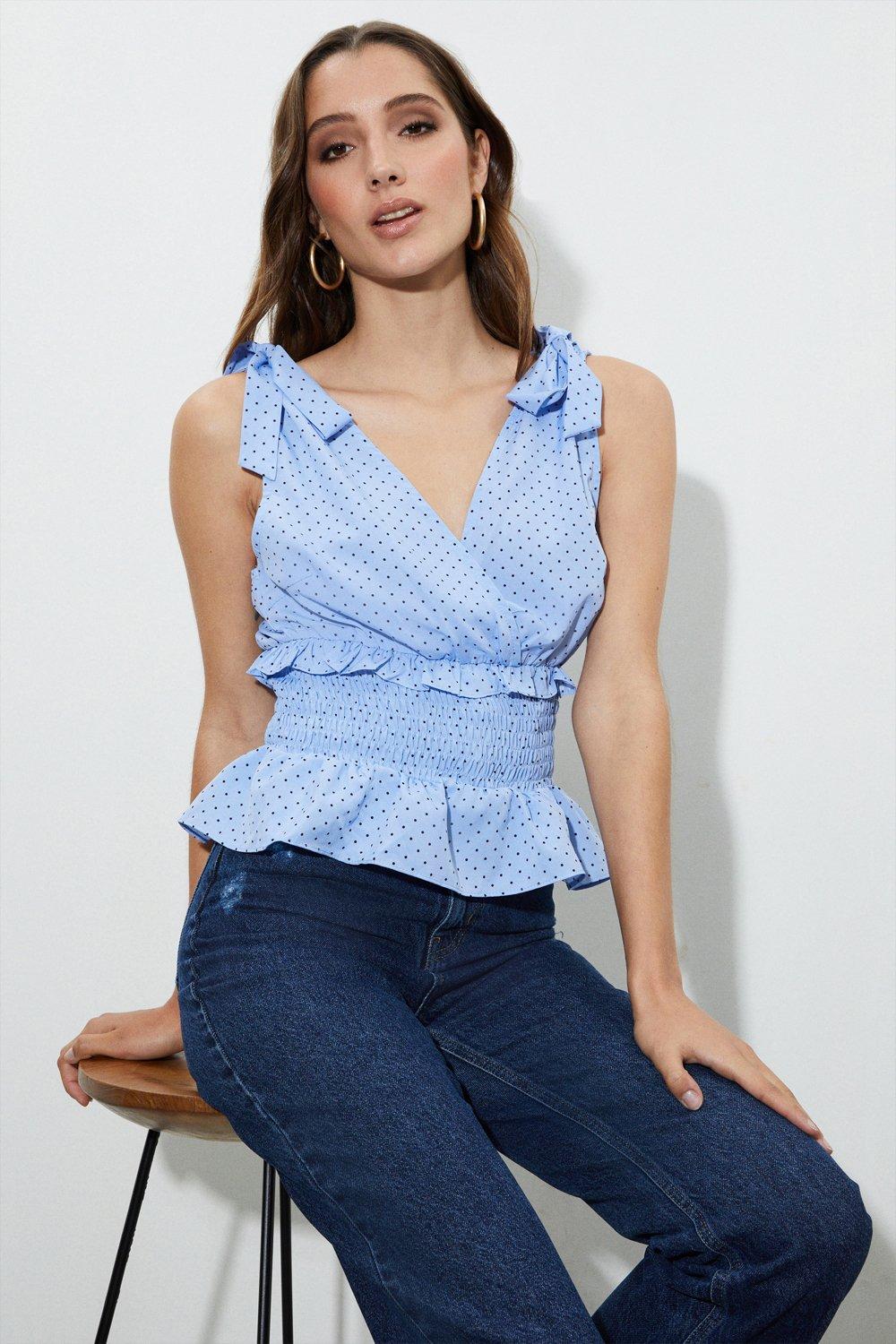 Womens Blue Spot Tie Back Shirred Top