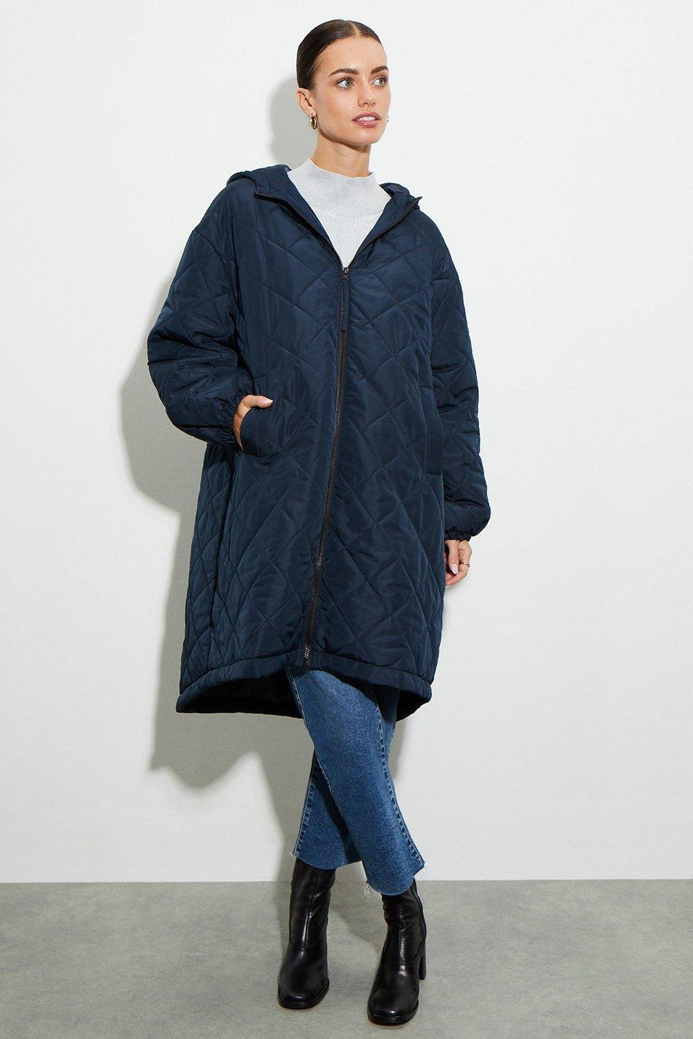 Womens Petite Oversized Hooded Diamond Quilted Parka Coat