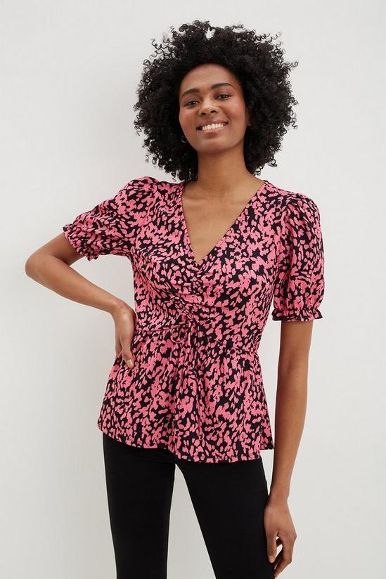 Dorothy Perkins Petite Pink Printed V Neck Ruched Front Top 1