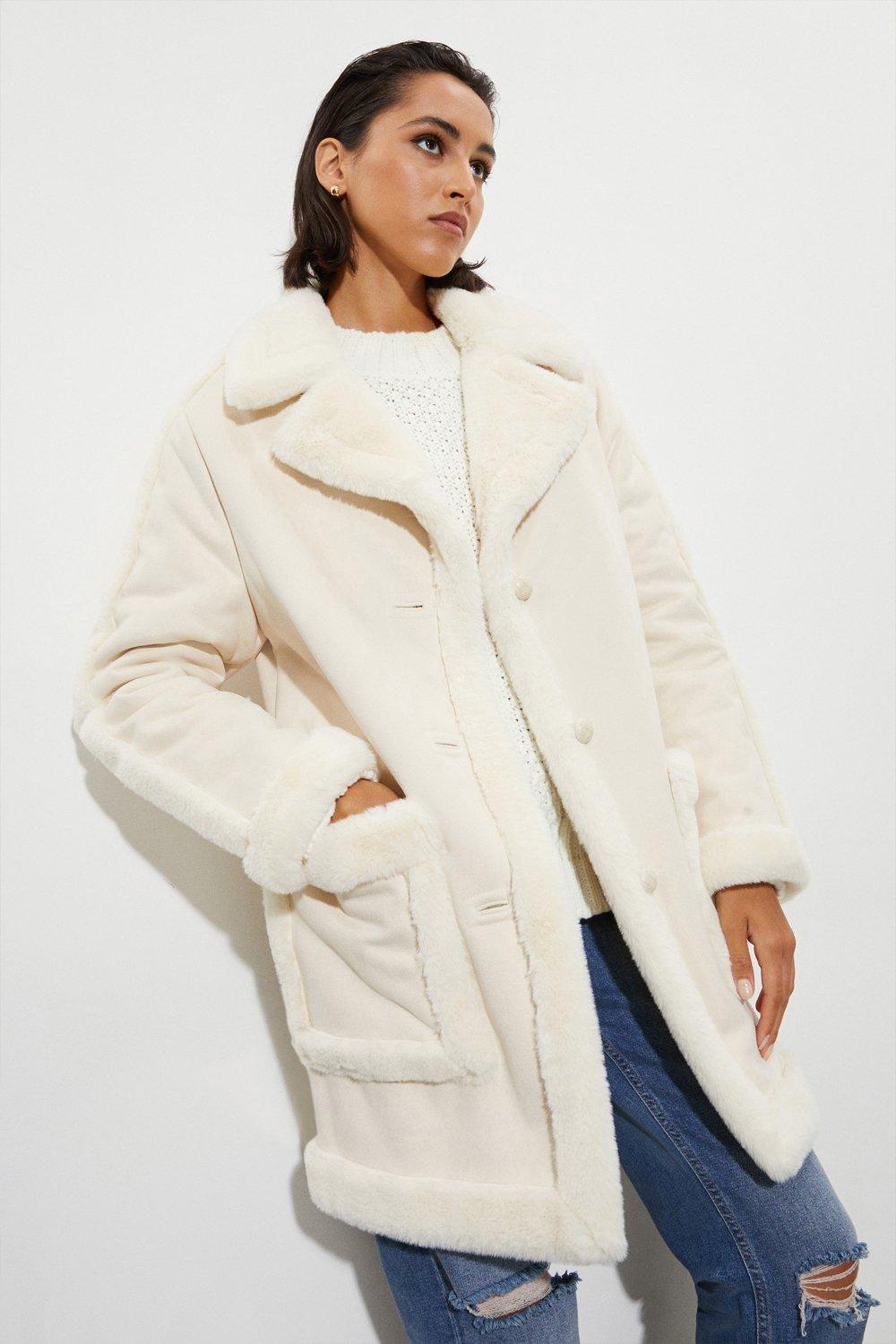 Womens Tall Luxe Faux Fur Suedette Coat