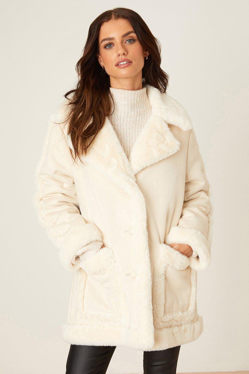 Womens Petite Luxe Faux Fur Suedette Coat