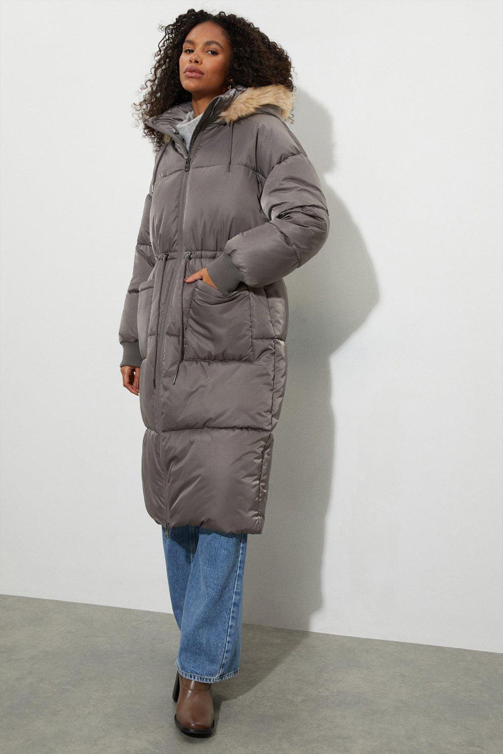 Womens Longline Faux Fur Hood Padded Coat