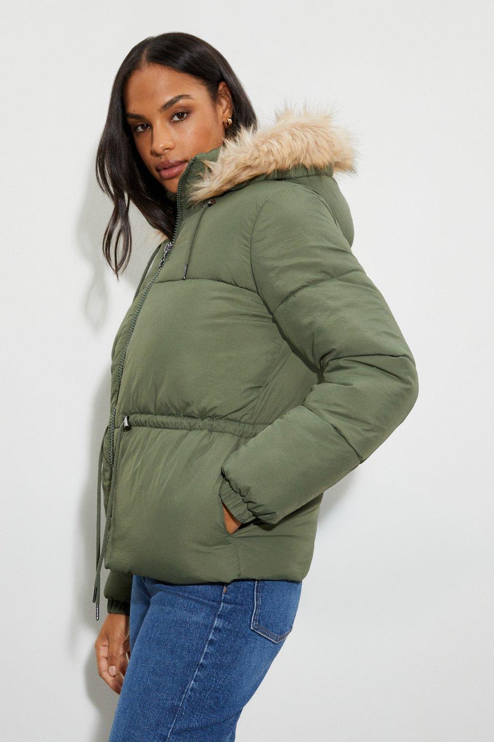 Women’s Short Padded Faux Fur Hooded Coat - khaki - L
