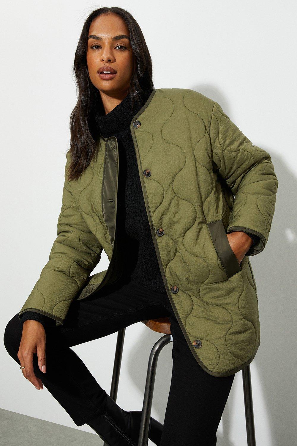 Womens Collarless Contrast Quilted Jacket