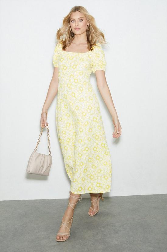 Dorothy Perkins Yellow Floral Textured Square Neck Midi Dress 1