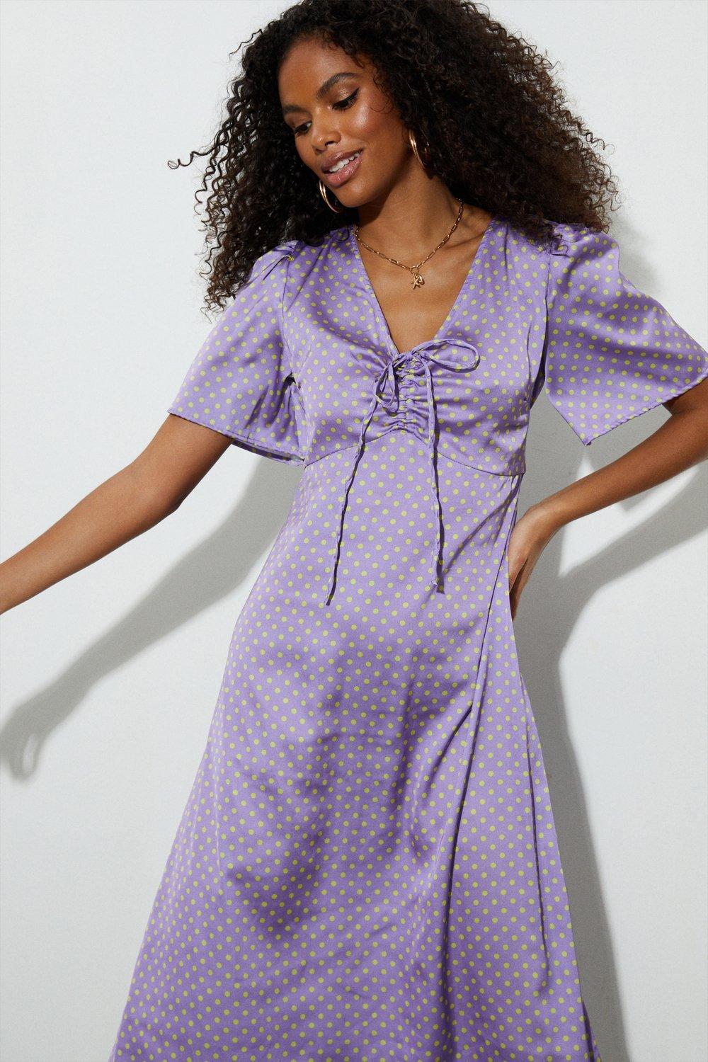 Womens Petite Lilac Spot Satin Angel Sleeve Dress