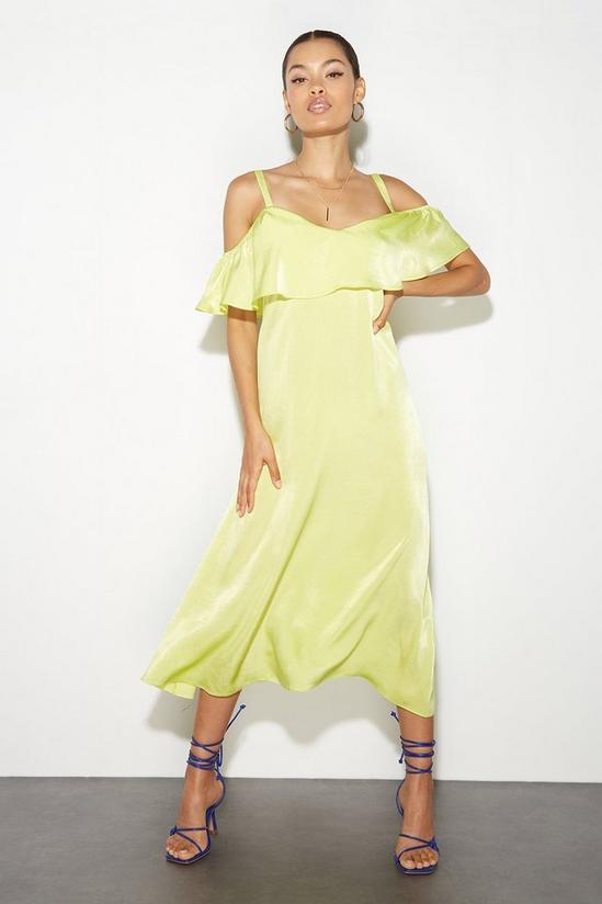 Dorothy Perkins Petite Lime Satin Frill Shoulder Midaxi Dress 1