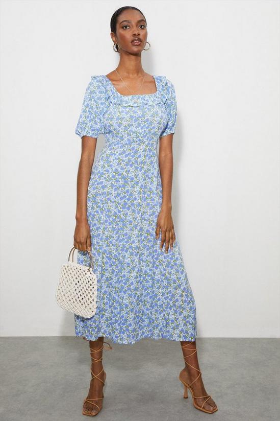Dorothy Perkins Petite Blue Floral Frill Neck Midi Dress 1