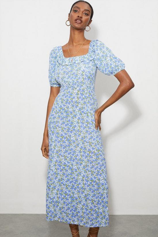 Dorothy Perkins Petite Blue Floral Frill Neck Midi Dress 2