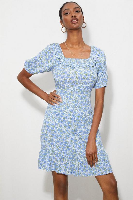 Dorothy Perkins Tall Blue Floral Frill Neck Mini Dress 1