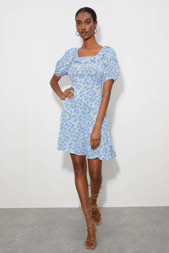 Dorothy Perkins Tall Blue Floral Frill Neck Mini Dress 2