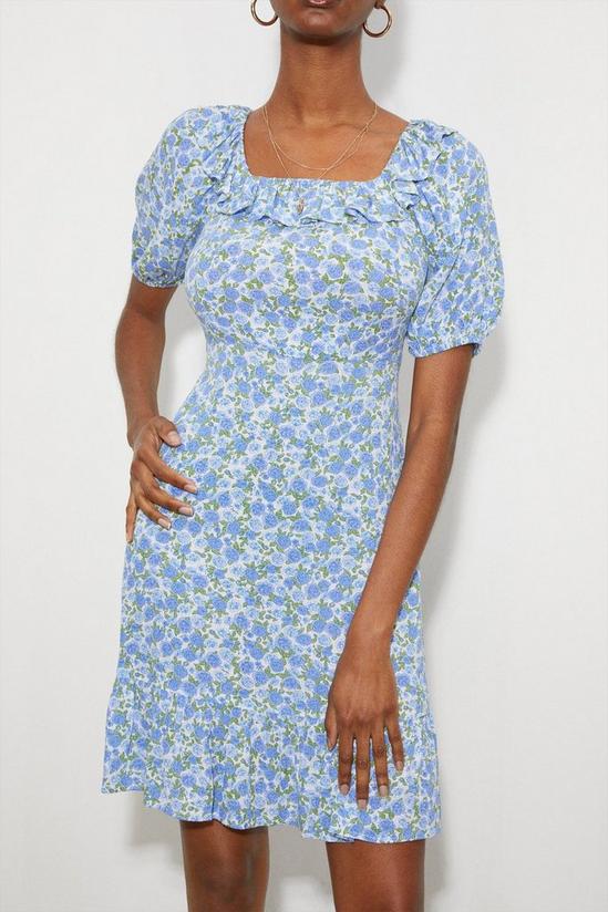 Dorothy Perkins Tall Blue Floral Frill Neck Mini Dress 4