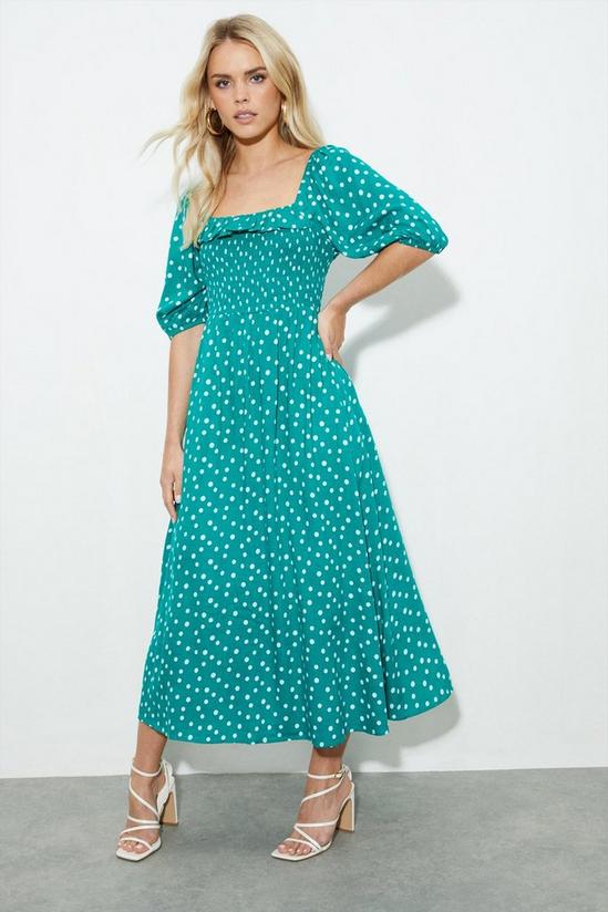 Dorothy Perkins Petite Green Spot Shirred Midi Dress 1
