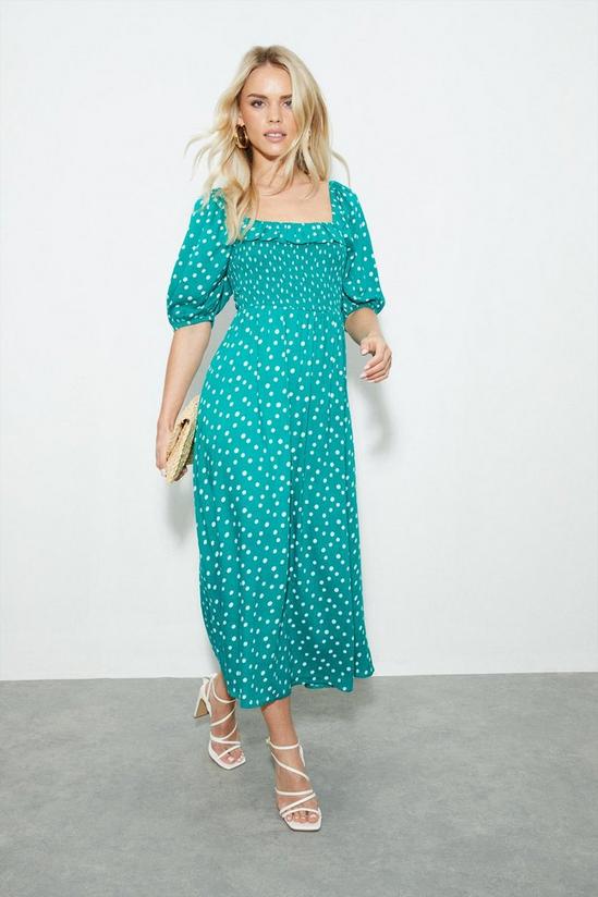 Dorothy Perkins Petite Green Spot Shirred Midi Dress 2