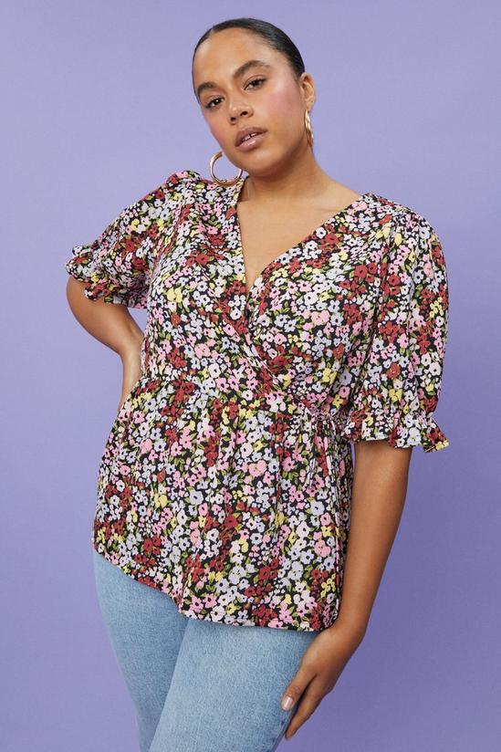 Dorothy Perkins Curve Pink Floral Textured Wrap Top 1