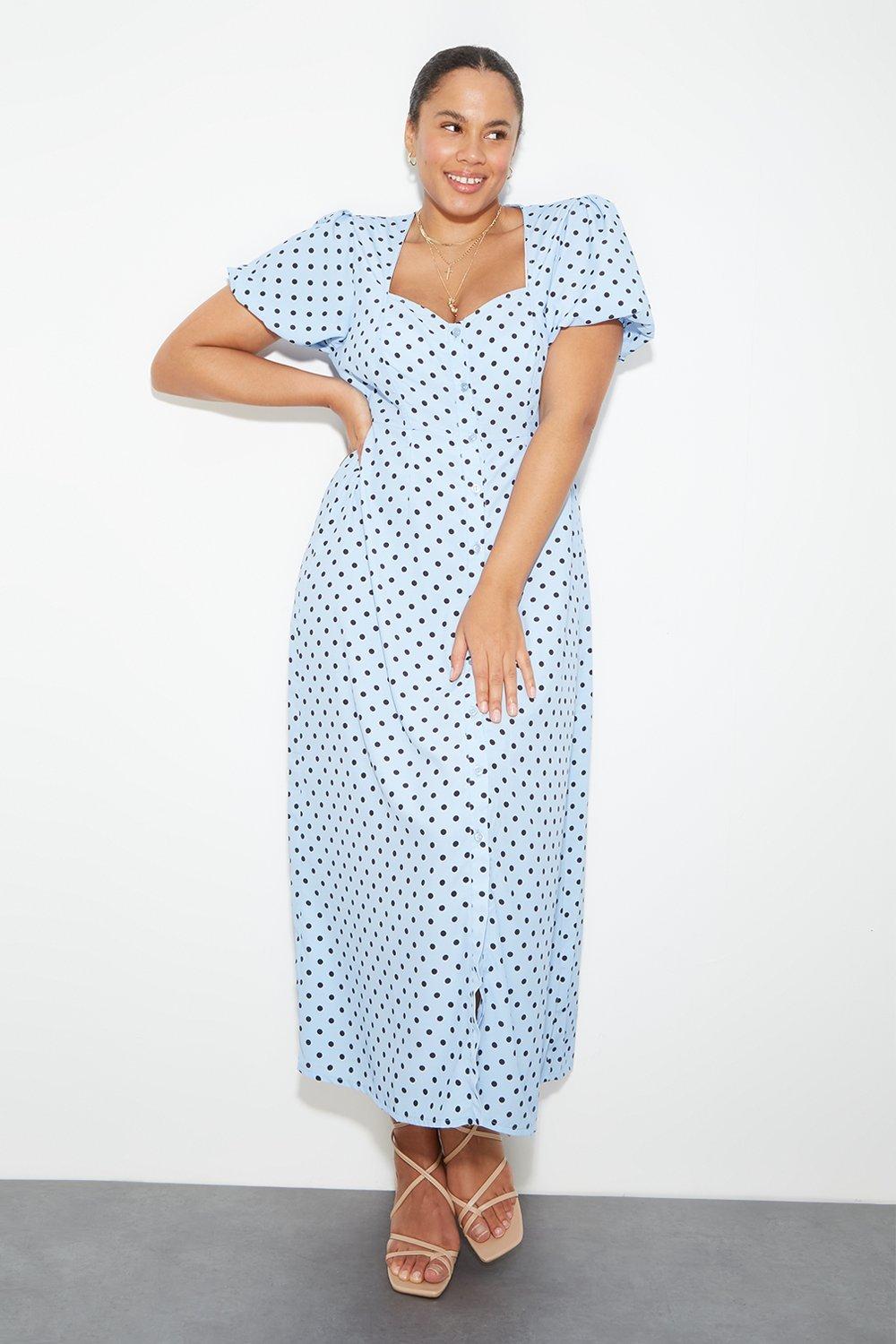 Women's Curve Kitty Spot Button Through Midi Dress - blue - 20