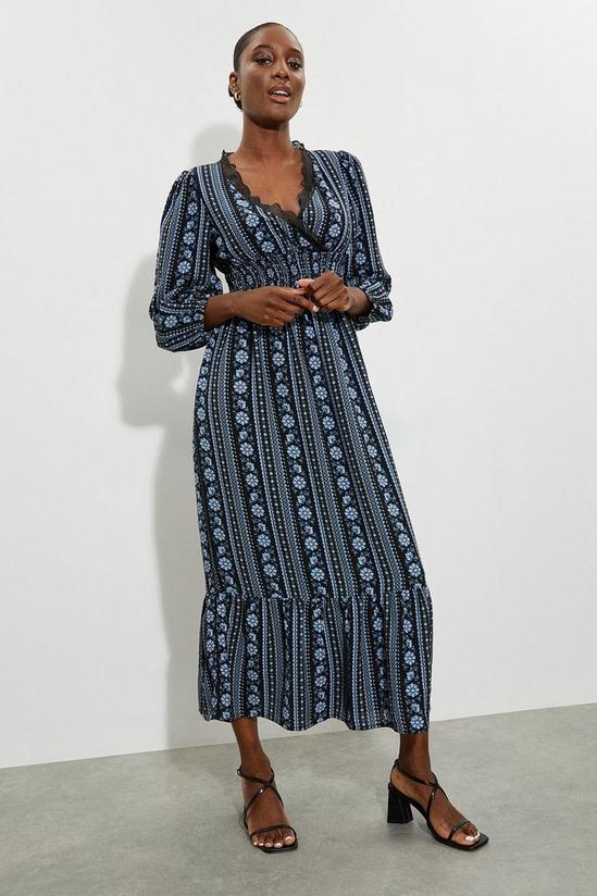 Dorothy Perkins Blue Floral Lace Trim Shirred Waist Midi Dress 2