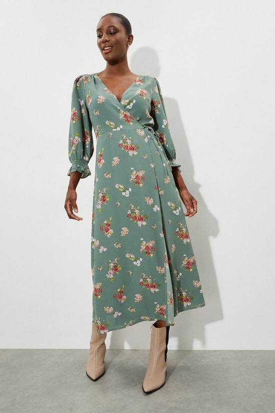 Dorothy Perkins Khaki Floral Print Wrap Midi Dress 1