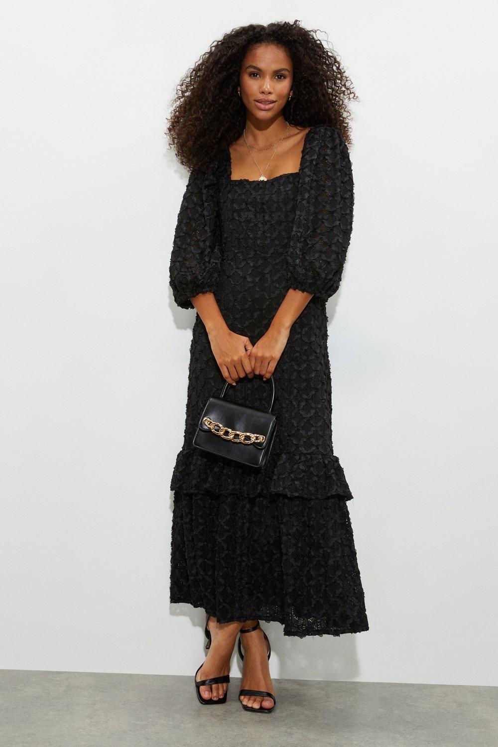 Womens Black Textured Lace Midi Dress