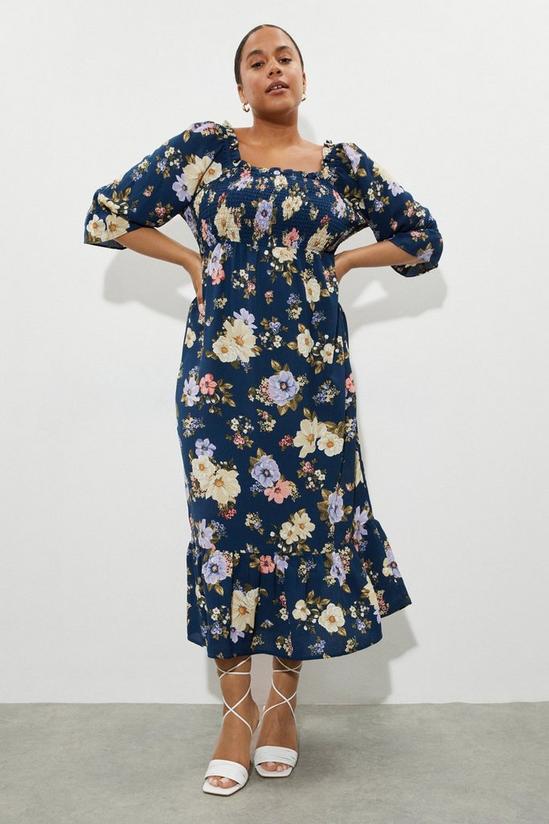 Dorothy Perkins Curve Navy Floral Shirred Midi Dress 1